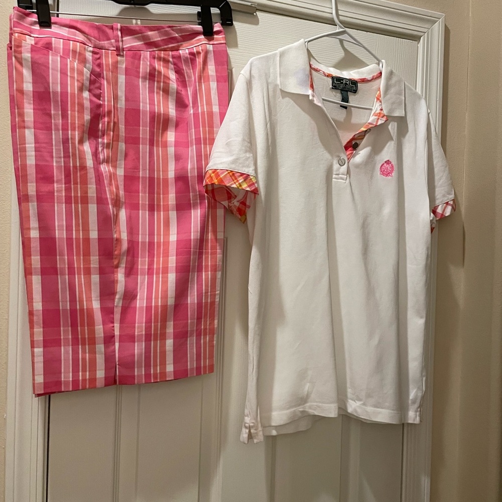 Lauren Ralph Lauren Pink Check Skirt and White Polo Set